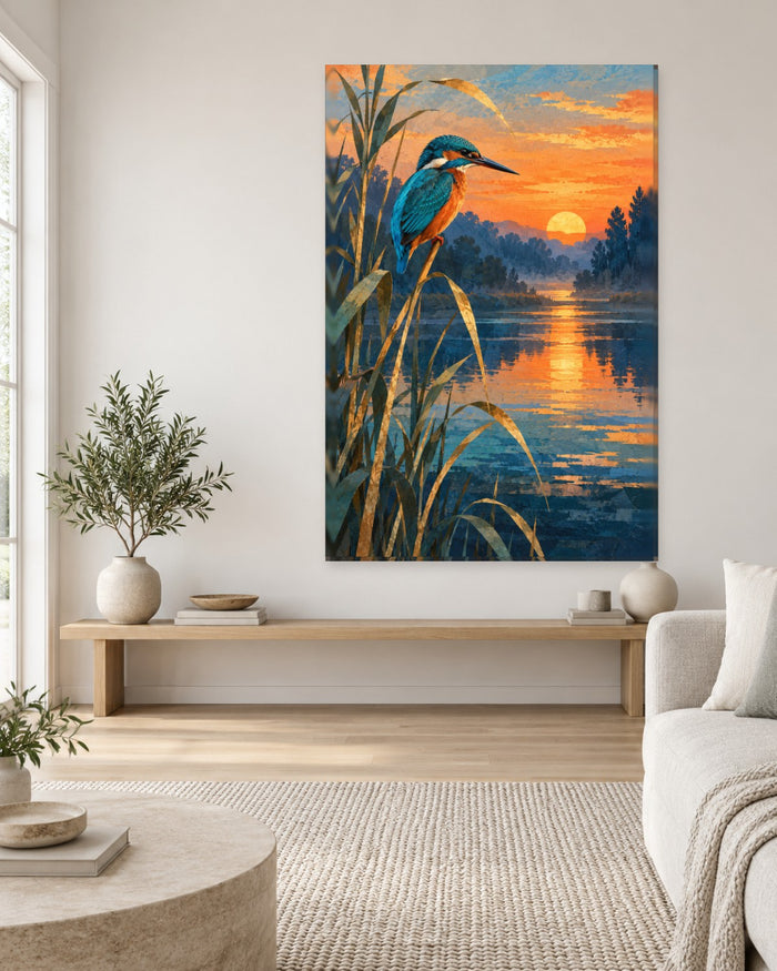 Kingfisher Wall Art - Kingfisher on a Reed by a Sunset River, Tall Orange and Teal Wildlife Canvas - Gallery Canvas - 38mm / 48 x 32 / Unframed preview