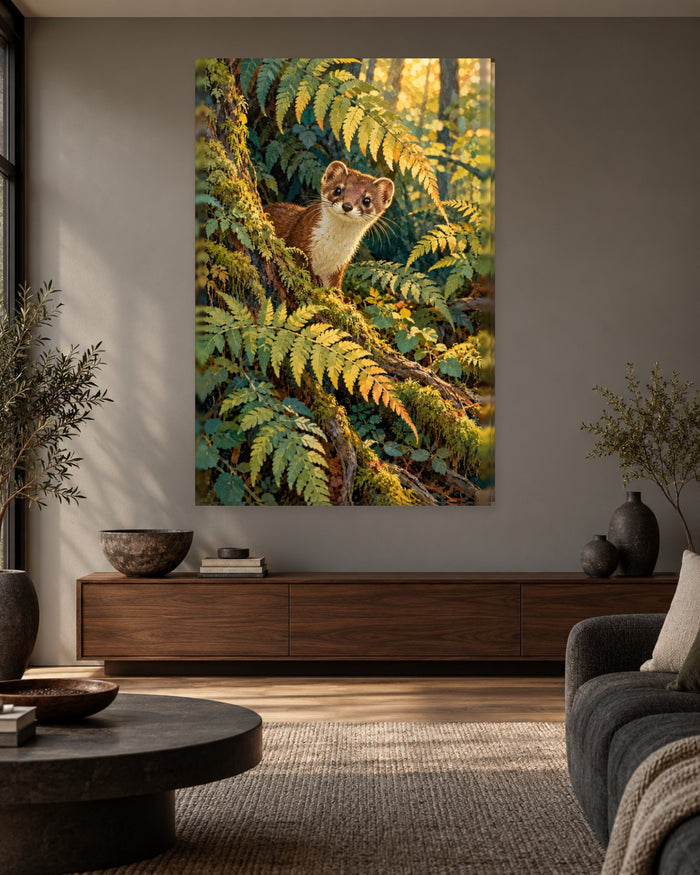 Stoat Wall Art - Stoat Peeping Through Golden Ferns by a Mossy Tree, Tall Woodland Wildlife Canvas - Gallery Canvas - 38mm / 48 x 32 / Unframed preview
