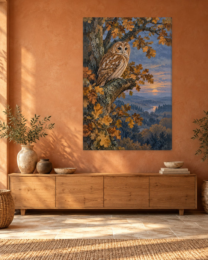 Tawny Owl Wall Art - Owl on an Autumn Oak Branch above a Misty Valley at Sunset, Tall Woodland Canvas - Gallery Canvas - 38mm / 48 x 32 / Unframed preview