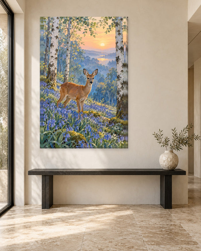 Deer Wall Art - Roe Deer in a Bluebell Wood with Silver Birches at Golden Hour, Tall Woodland Canvas - Gallery Canvas - 38mm / 48 x 32 / Unframed preview