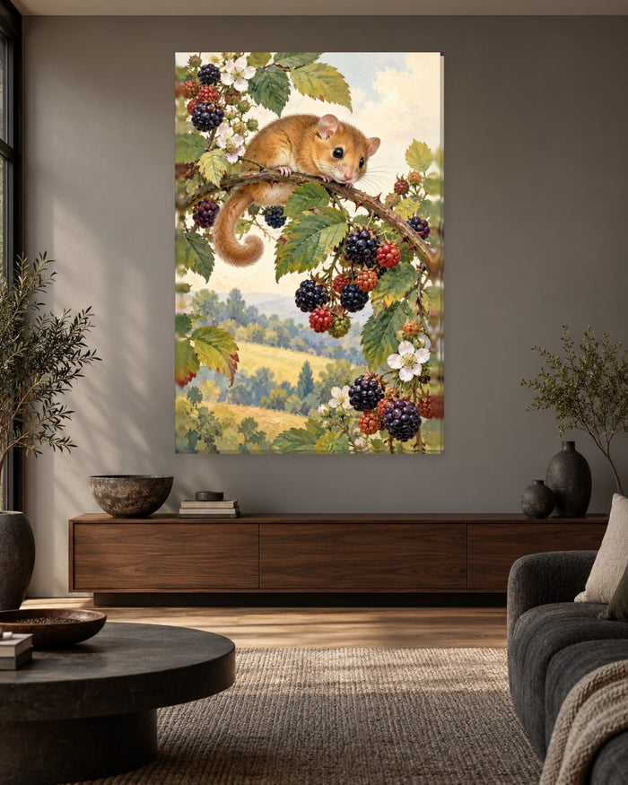 Dormouse Wall Art - Hazel Dormouse on a Bramble with Blackberries over Rolling Fields, Tall Countryside Canvas - Gallery Canvas - 38mm / 48 x 32 / Unframed preview
