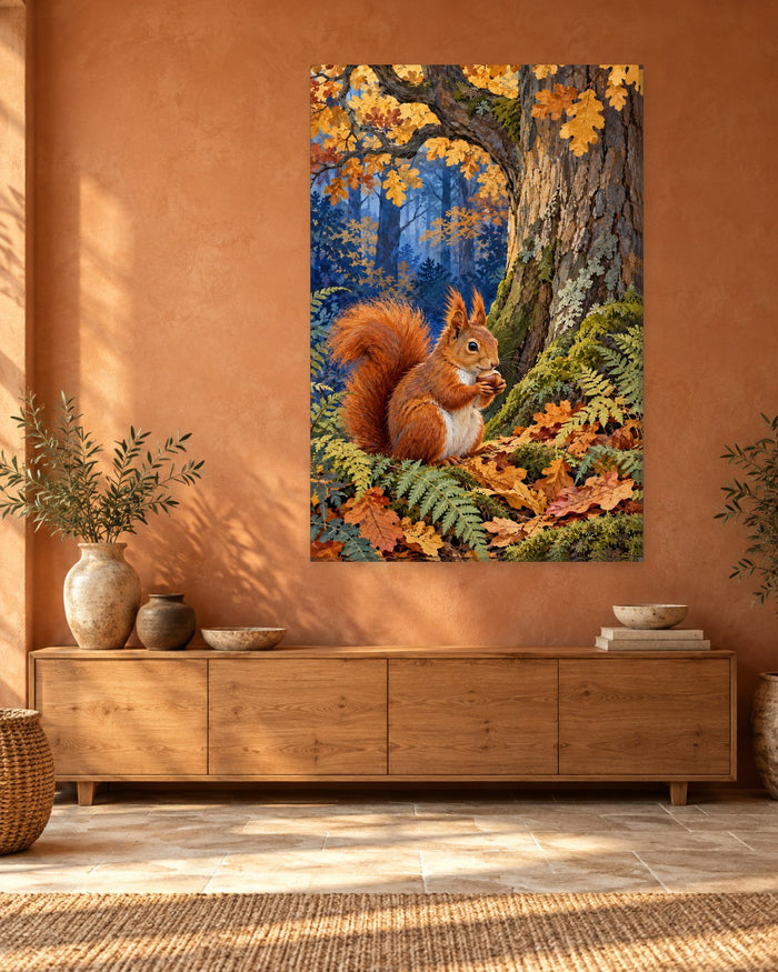 Red Squirrel Wall Art - Squirrel Nibbling a Nut Beneath a Golden Autumn Oak, Tall Woodland Canvas - Gallery Canvas - 38mm / 48 x 32 / Unframed preview