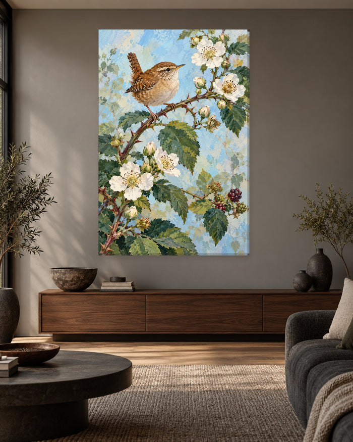 Wren Wall Art - Little Wren on a Flowering Bramble with Blackberries, Tall Pale Blue Botanical Canvas - Gallery Canvas - 38mm / 48 x 32 / Unframed preview