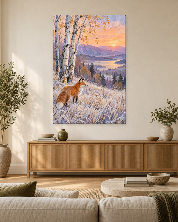 Red Fox Wall Art - Fox in Frosted Grass Under Silver Birches at Sunset, Tall Peach and Lilac Canvas - Gallery Canvas - 38mm / 48 x 32 / Unframed preview