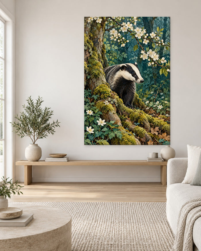 Badger Wall Art - Badger Among Mossy Roots and White Blackthorn Blossom, Tall Teal Woodland Canvas - Gallery Canvas - 38mm / 48 x 32 / Unframed preview