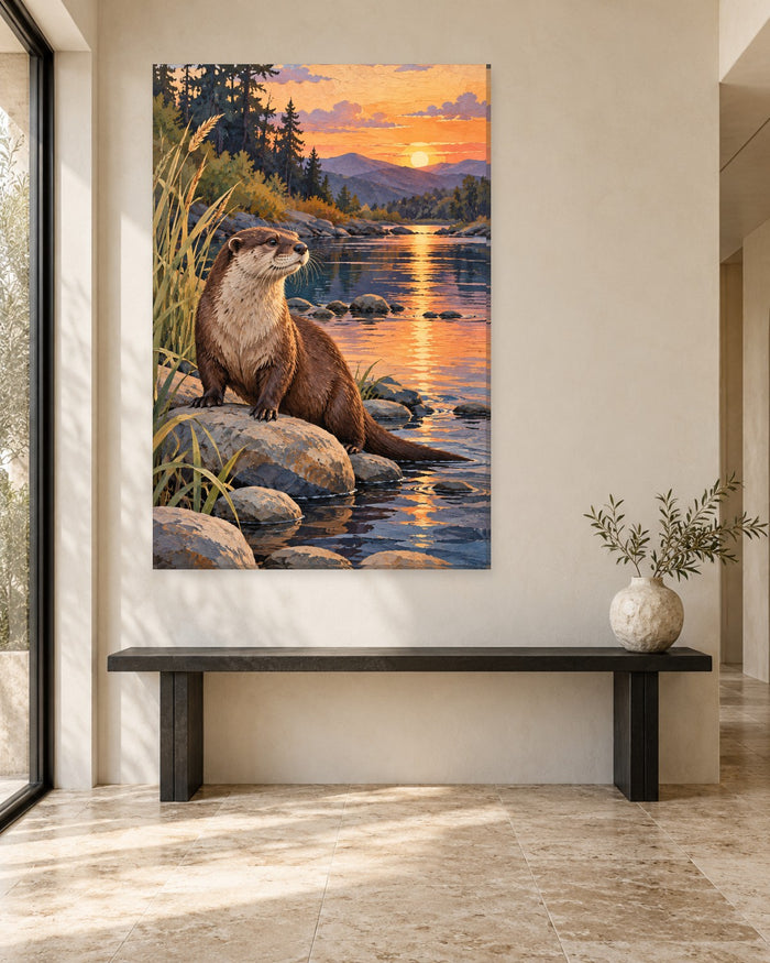 Otter Wall Art - Otter on River Rocks at a Golden Sunset with Pines and Mountains, Tall Riverside Canvas - Gallery Canvas - 38mm / 48 x 32 / Unframed preview