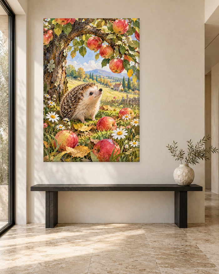 Hedgehog Wall Art - Hedgehog Under an Apple Tree with Daisies and Windfall Apples, Tall Country Canvas - Gallery Canvas - 38mm / 48 x 32 / Unframed preview