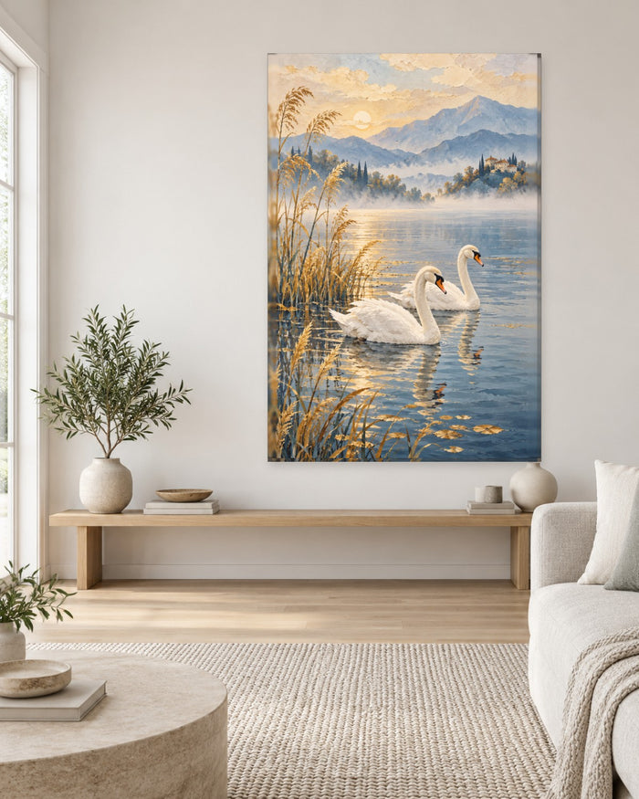 Swan Wall Art - Two White Swans on a Misty Lake with Golden Reeds, Tall Soft Blue and Gold Canvas - Gallery Canvas - 38mm / 48 x 32 / Unframed preview
