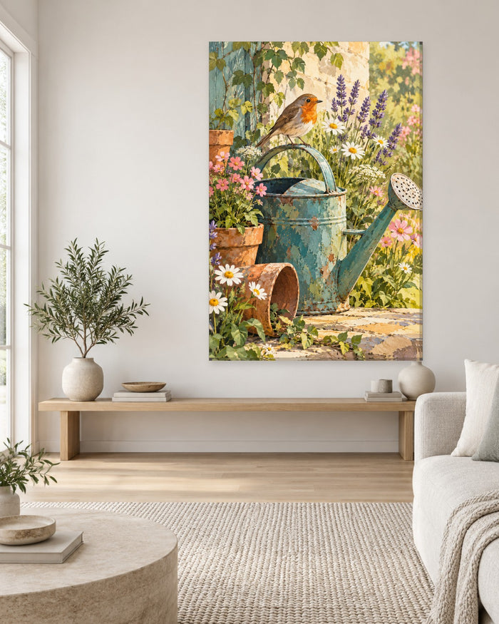 Robin Wall Art - Robin on an Old Blue Watering Can with Daisies and Lavender, Tall Cottage Garden Canvas - Gallery Canvas - 38mm / 48 x 32 / Unframed preview