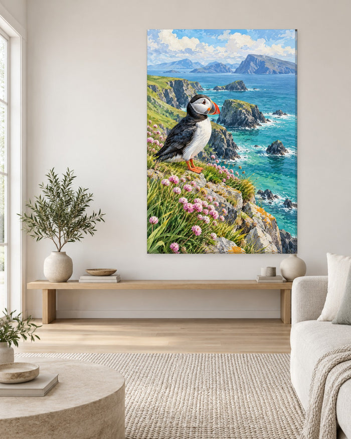 Puffin Wall Art - Puffin on a Clifftop with Pink Sea Thrift Above a Turquoise Sea, Tall Coastal Canvas - Gallery Canvas - 38mm / 48 x 32 / Unframed preview