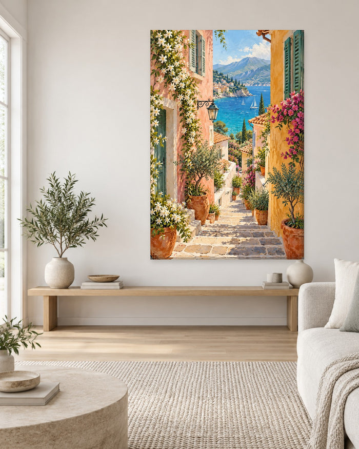 Amalfi Coast Wall Art - Sunny Stone Steps Between Pastel Houses Down to the Bay, Tall Mediterranean Canvas - Gallery Canvas - 38mm / 48 x 32 / Unframed preview