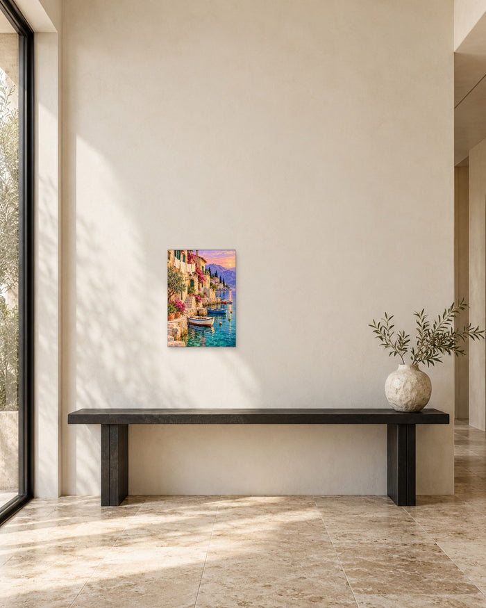 Mediterranean Harbour Wall Art - Washing Line, Rowing Boats and Bougainvillea at Sunset, Tall Coastal Canvas - Print Only / A5 / Unframed preview