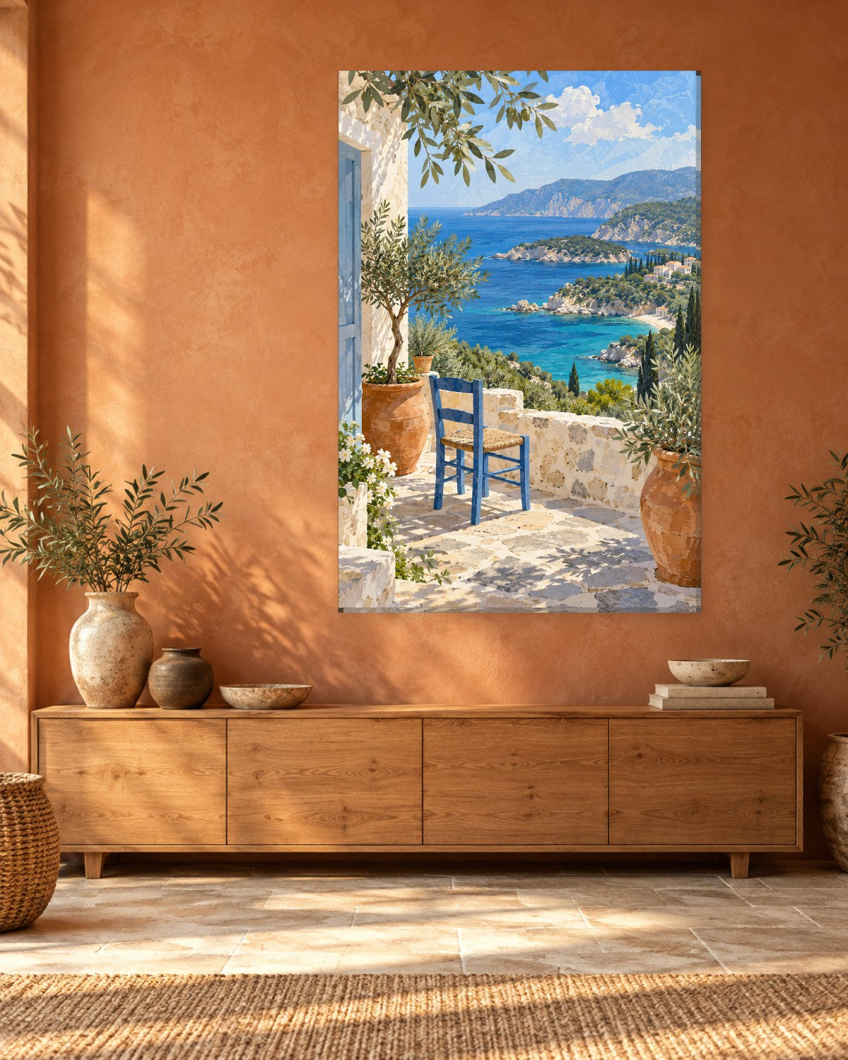 Greek Terrace Wall Art - Blue Chair and Potted Olive Trees Above a Turquoise Bay, Tall Mediterranean Canvas - Gallery Canvas - 38mm / 48 x 32 / Unframed preview