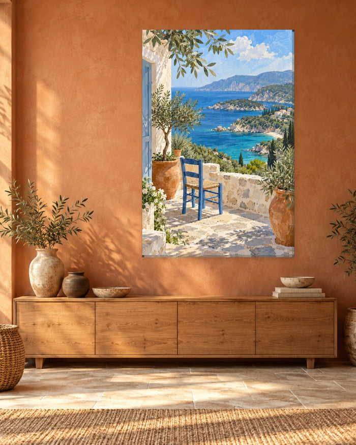 Greek Terrace Wall Art - Blue Chair and Potted Olive Trees Above a Turquoise Bay, Tall Mediterranean Canvas - Gallery Canvas - 38mm / 48 x 32 / Unframed preview