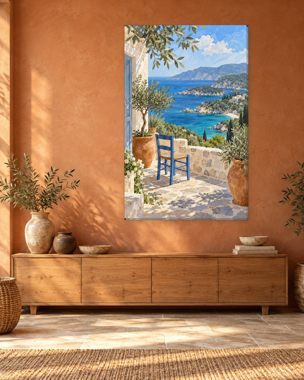 Greek Terrace Wall Art - Blue Chair and Potted Olive Trees Above a Turquoise Bay, Tall Mediterranean Canvas - Gallery Canvas - 38mm / 48 x 32 / Unframed preview
