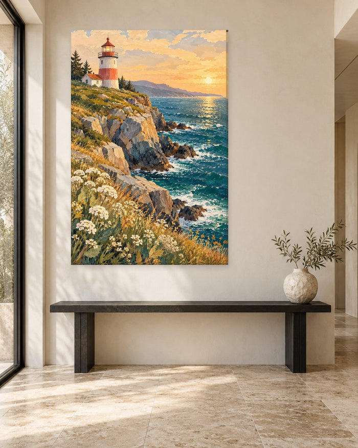 Lighthouse Wall Art - Red and White Lighthouse on Rocky Cliffs at Sunset, Tall Golden Coastal Canvas - Gallery Canvas - 38mm / 48 x 32 / Unframed preview