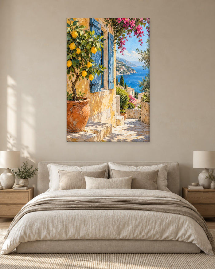 Lemon Tree Wall Art - Potted Lemon Tree by Blue Shutters with a Sea View, Tall Mediterranean Canvas - Gallery Canvas - 38mm / 48 x 32 / Unframed preview