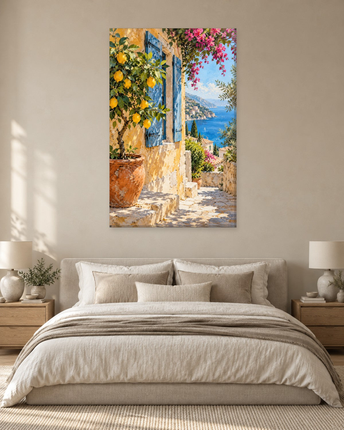Lemon Tree Wall Art - Potted Lemon Tree by Blue Shutters with a Sea View, Tall Mediterranean Canvas - Gallery Canvas - 38mm / 48 x 32 / Unframed preview