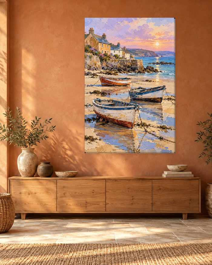 Harbour Boats Wall Art - Wooden Rowing Boats at Low Tide by Stone Cottages, Tall Sunset Seaside Canvas - Gallery Canvas - 38mm / 48 x 32 / Unframed preview