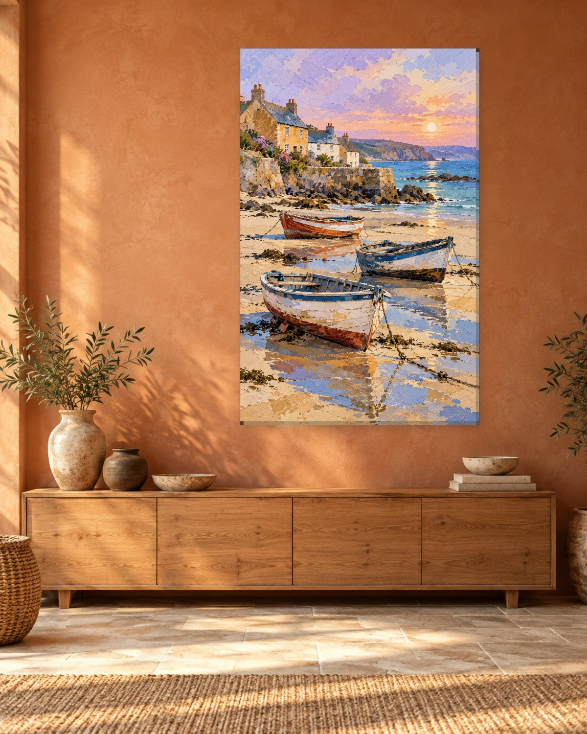Harbour Boats Wall Art - Wooden Rowing Boats at Low Tide by Stone Cottages, Tall Sunset Seaside Canvas - Gallery Canvas - 38mm / 48 x 32 / Unframed preview