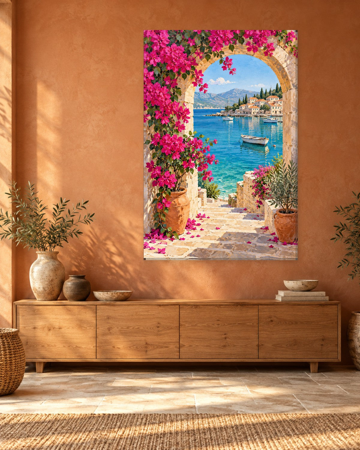 Bougainvillea Wall Art - Stone Arch with Pink Flowers Framing a Turquoise Harbour, Tall Mediterranean Canvas - Gallery Canvas - 38mm / 48 x 32 / Unframed preview