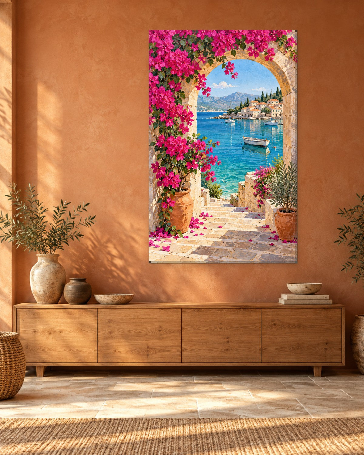 Bougainvillea Wall Art - Stone Arch with Pink Flowers Framing a Turquoise Harbour, Tall Mediterranean Canvas - Gallery Canvas - 38mm / 48 x 32 / Unframed preview