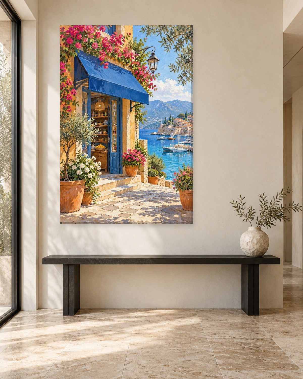 Mediterranean Shop Wall Art - Blue Awning Pottery Shop by a Harbour with Bougainvillea, Tall Coastal Canvas - Gallery Canvas - 38mm / 48 x 32 / Unframed preview