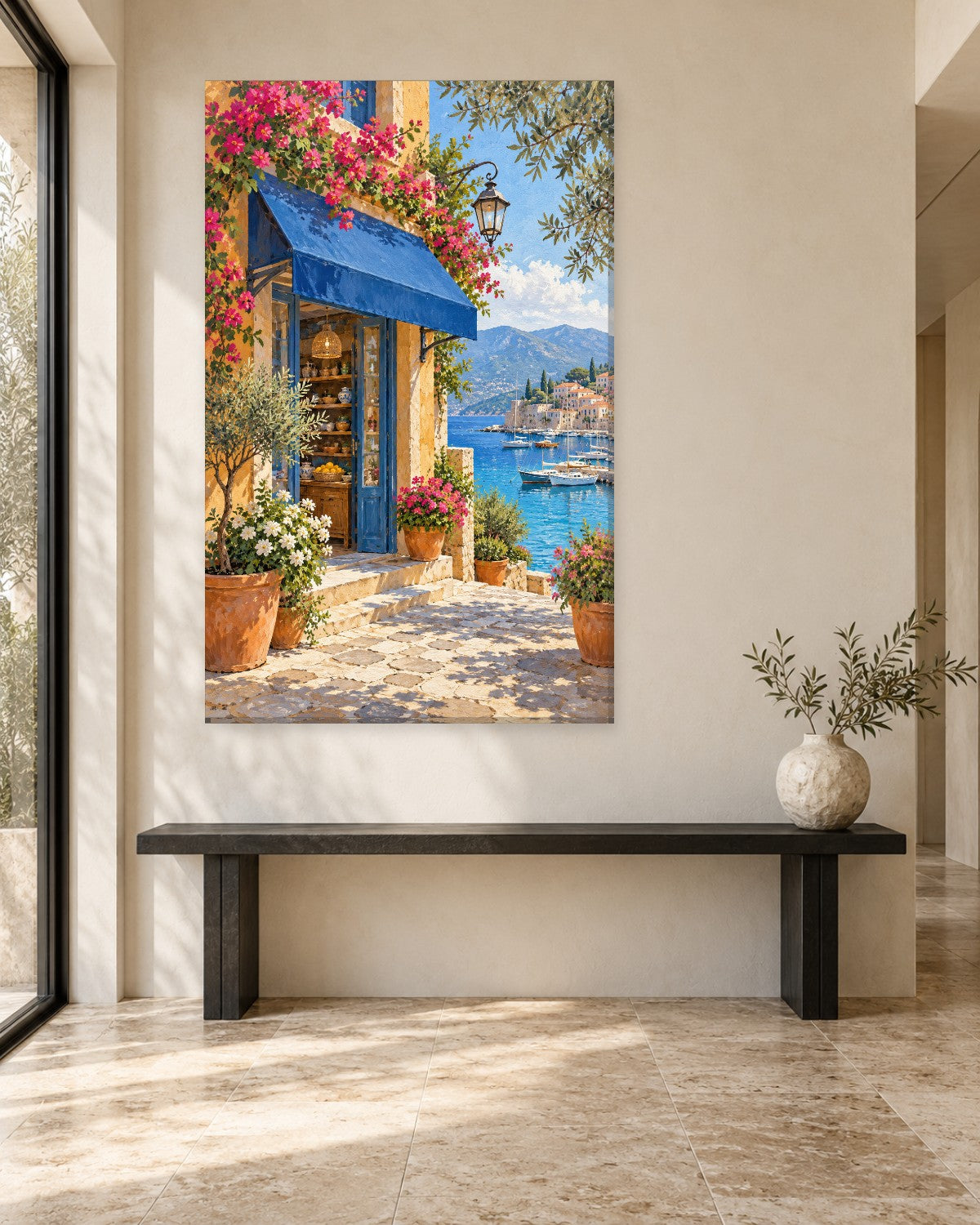 Mediterranean Shop Wall Art - Blue Awning Pottery Shop by a Harbour with Bougainvillea, Tall Coastal Canvas - Gallery Canvas - 38mm / 48 x 32 / Unframed preview
