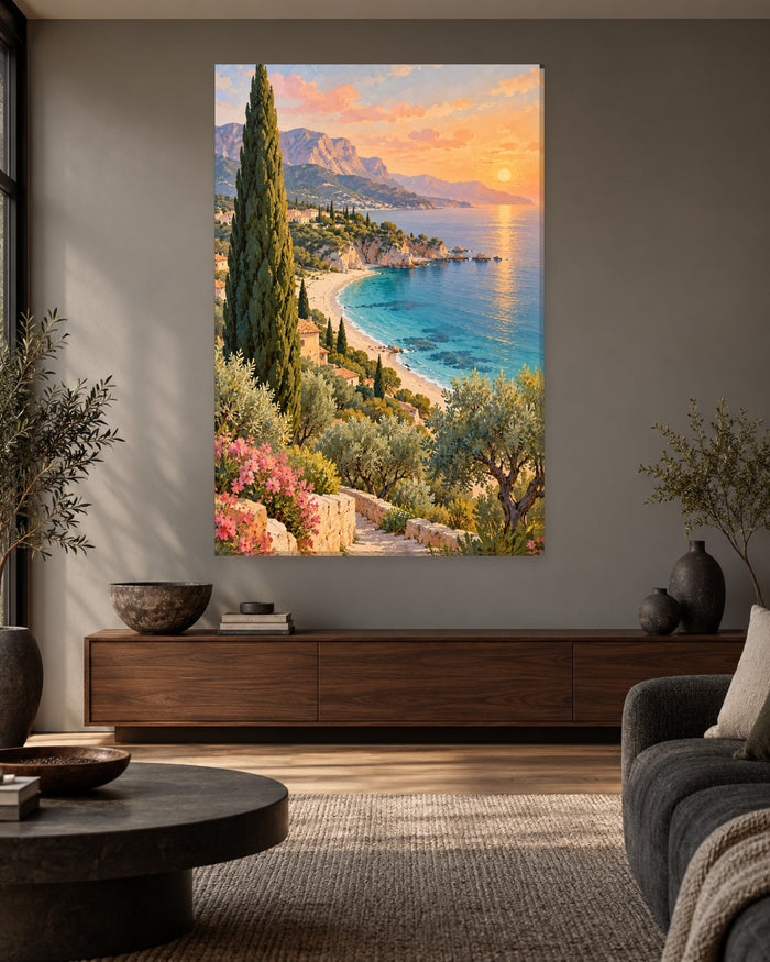 Mediterranean Coast Wall Art - Cypress and Olive Trees Above a Sandy Cove at Sunset, Tall Golden Canvas - Gallery Canvas - 38mm / 48 x 32 / Unframed preview