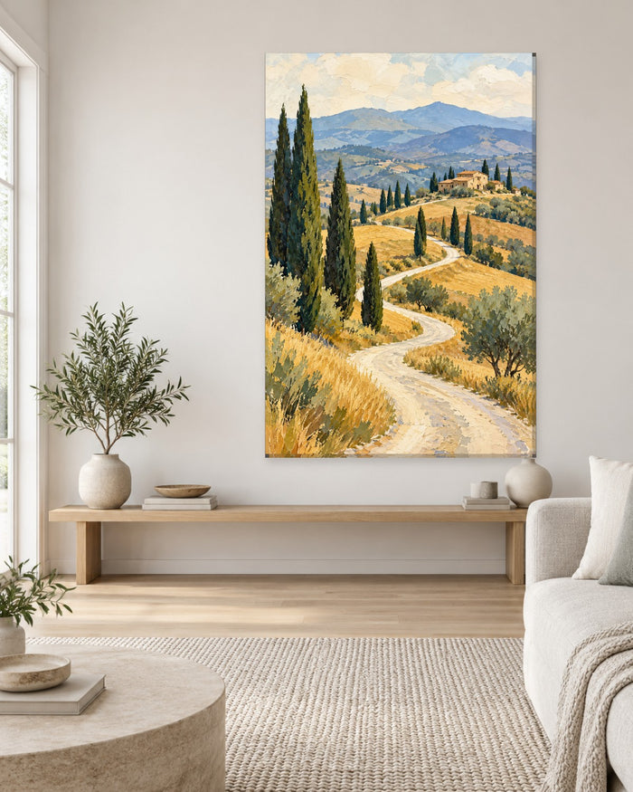Tuscany Wall Art - Winding White Road Through Golden Hills and Cypress Trees, Tall Ochre Landscape Canvas - Gallery Canvas - 38mm / 48 x 32 / Unframed preview