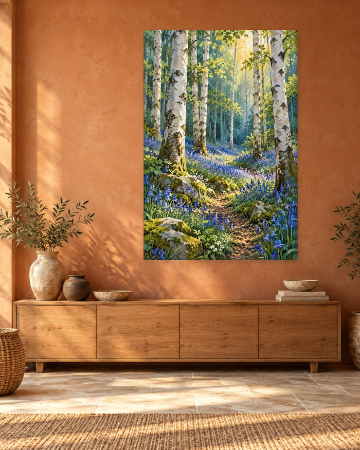 Bluebell Wood Wall Art - Woodland Path Through Bluebells and Silver Birches, Tall Spring Woodland Canvas - Gallery Canvas - 38mm / 48 x 32 / Unframed preview