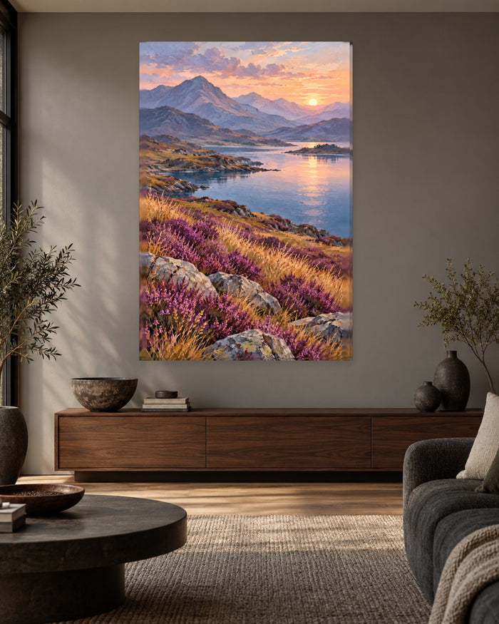 Scottish Highlands Wall Art - Purple Heather Above a Loch at Sunset, Tall Lilac and Gold Landscape Canvas - Gallery Canvas - 38mm / 48 x 32 / Unframed preview