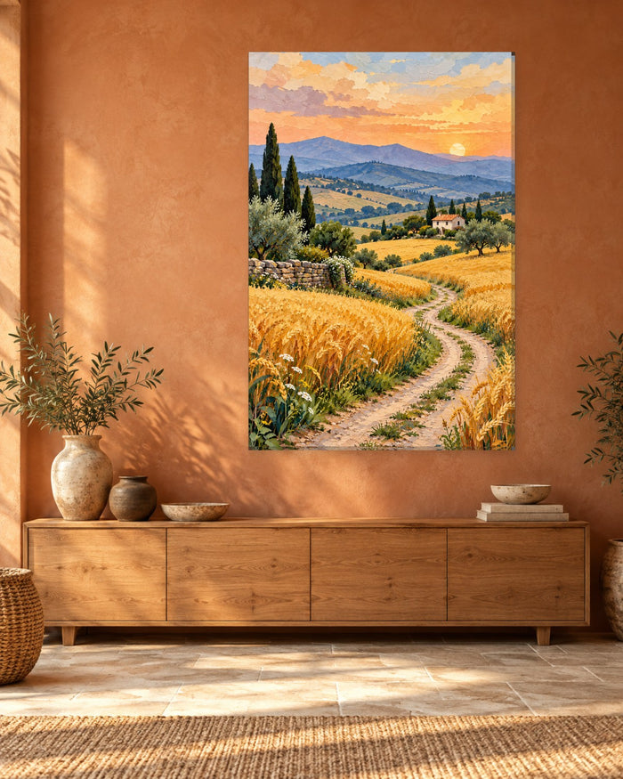 Wheat Field Wall Art - Country Lane Through Golden Wheat to a Farmhouse at Sunset, Tall Rustic Canvas - Gallery Canvas - 38mm / 48 x 32 / Unframed preview