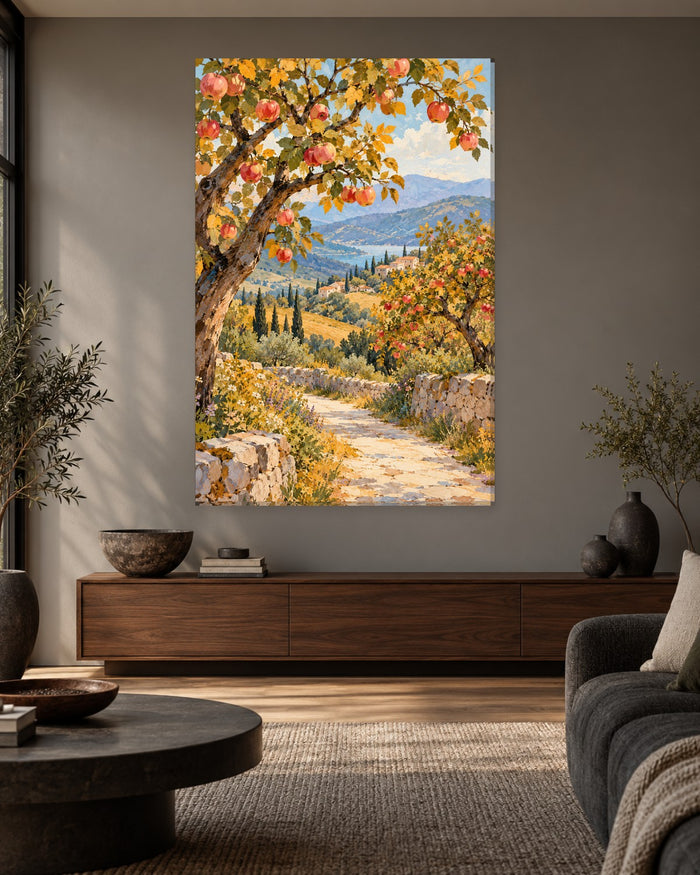 Apple Orchard Wall Art - Red Apples Over a Stone Lane with a Lake and Hill Village, Tall Autumn Canvas - Gallery Canvas - 38mm / 48 x 32 / Unframed preview