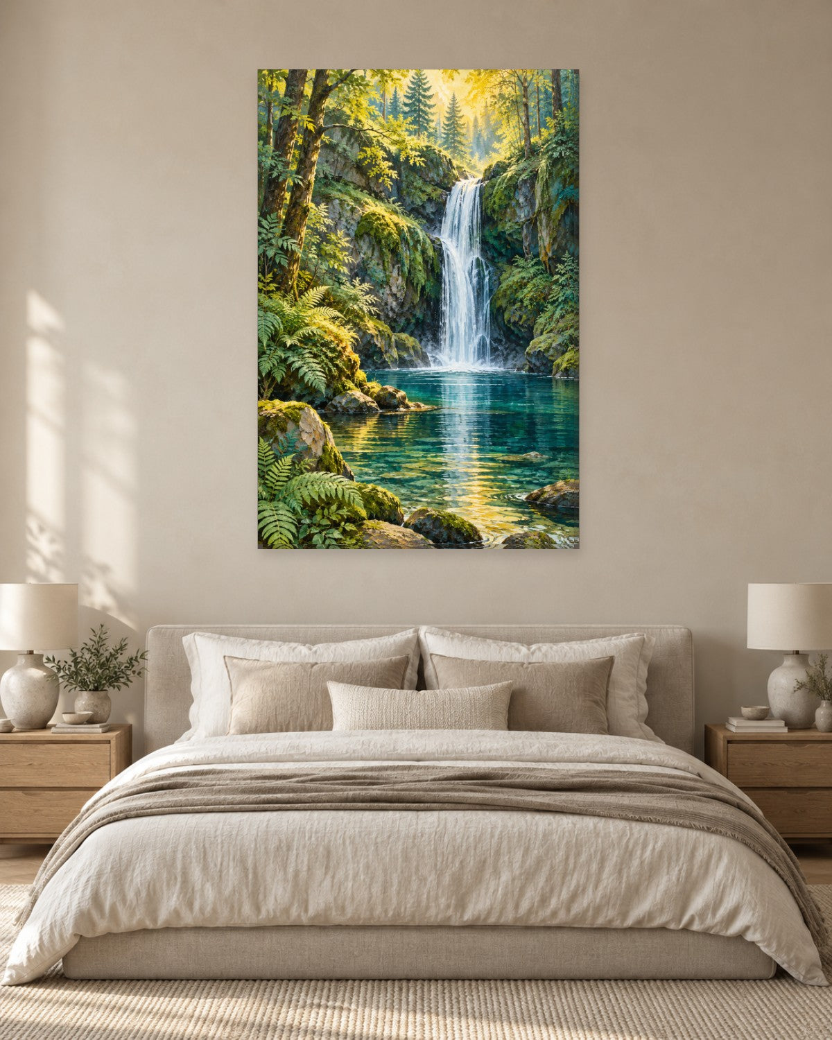 Waterfall Wall Art - Forest Waterfall into a Turquoise Pool with Ferns and Mossy Rocks, Tall Green Canvas - Gallery Canvas - 38mm / 48 x 32 / Unframed preview