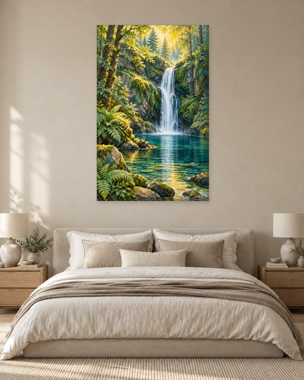 Waterfall Wall Art - Forest Waterfall into a Turquoise Pool with Ferns and Mossy Rocks, Tall Green Canvas - Gallery Canvas - 38mm / 48 x 32 / Unframed preview