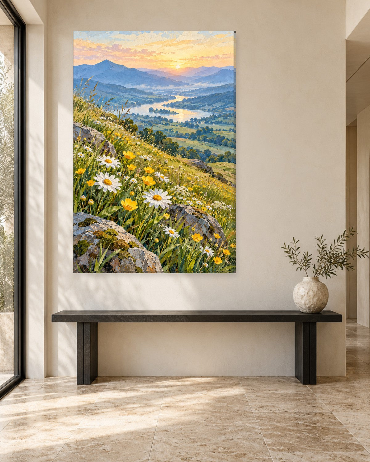 Wildflower Meadow Wall Art - Daisies and Yellow Wildflowers Above a River Valley, Tall Sunrise Canvas - Gallery Canvas - 38mm / 48 x 32 / Unframed preview