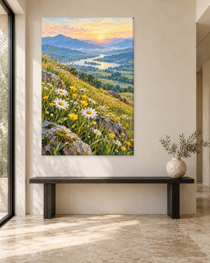 Wildflower Meadow Wall Art - Daisies and Yellow Wildflowers Above a River Valley, Tall Sunrise Canvas - Gallery Canvas - 38mm / 48 x 32 / Unframed preview