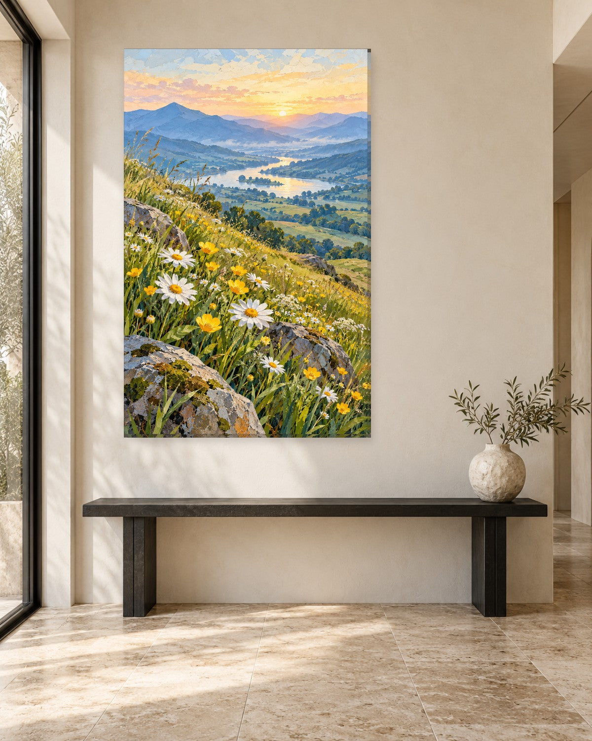 Wildflower Meadow Wall Art - Daisies and Yellow Wildflowers Above a River Valley, Tall Sunrise Canvas - Gallery Canvas - 38mm / 48 x 32 / Unframed preview