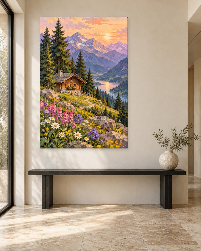 Alpine Wall Art - Wooden Chalet Among Pines and Wildflowers Below Snowy Peaks, Tall Mountain Lake Canvas - Gallery Canvas - 38mm / 48 x 32 / Unframed preview