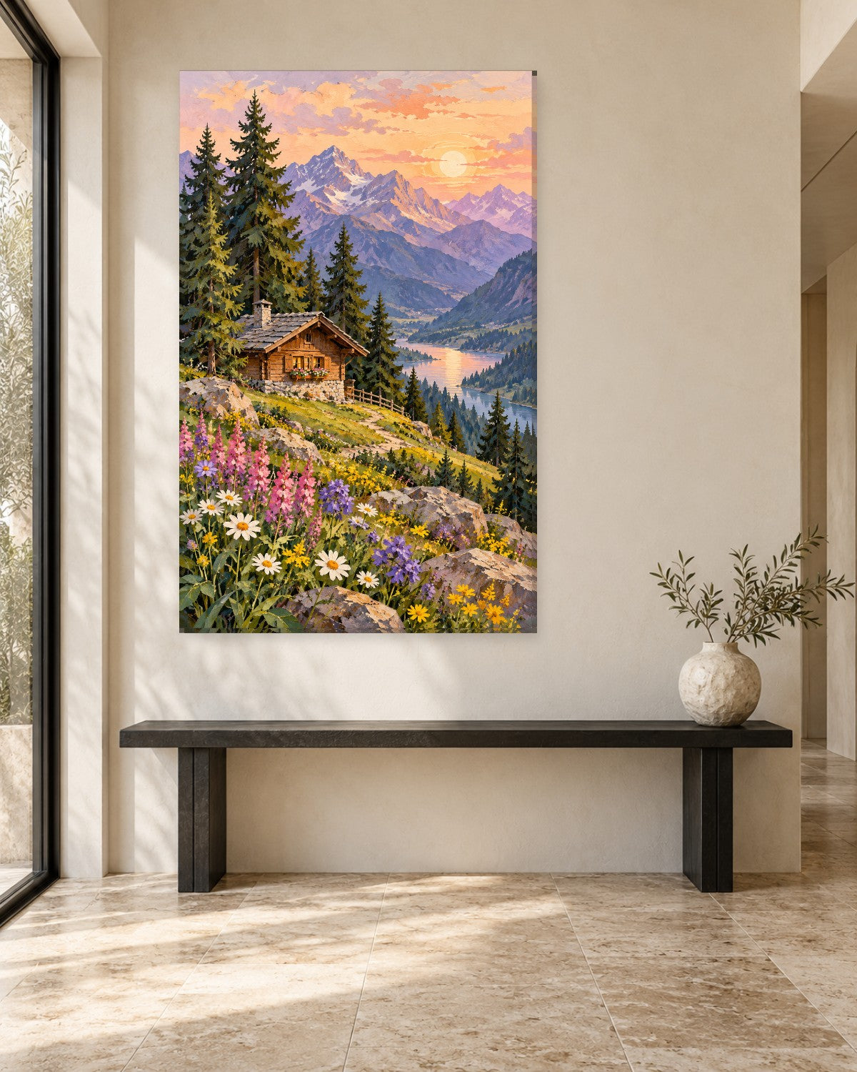 Alpine Wall Art - Wooden Chalet Among Pines and Wildflowers Below Snowy Peaks, Tall Mountain Lake Canvas - Gallery Canvas - 38mm / 48 x 32 / Unframed preview