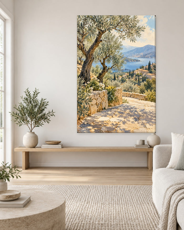 Mediterranean Olive Tree Wall Art - Old Olive Trees above a Blue Bay and Hillside Village, Tall Sunlit Canvas - Gallery Canvas - 38mm / 48 x 32 / Unframed preview