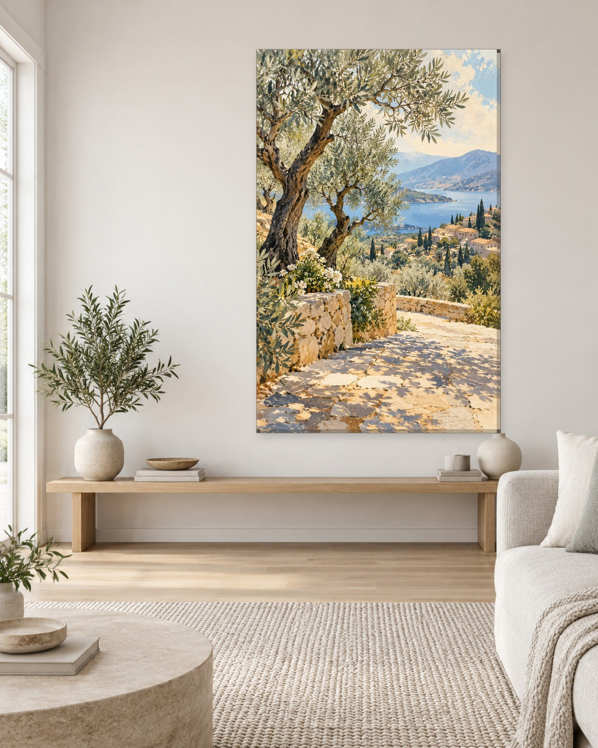 Mediterranean Olive Tree Wall Art - Old Olive Trees above a Blue Bay and Hillside Village, Tall Sunlit Canvas - Gallery Canvas - 38mm / 48 x 32 / Unframed preview