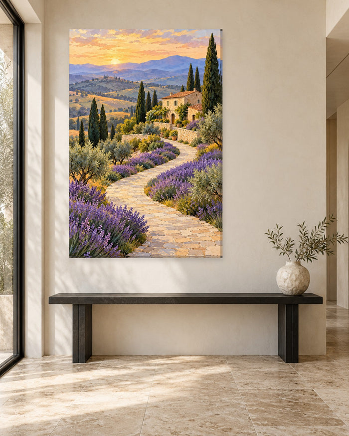 Lavender Field Wall Art - Winding Stone Path through Lavender to a Farmhouse at Sunset, Tall Provence Canvas - Gallery Canvas - 38mm / 48 x 32 / Unframed preview