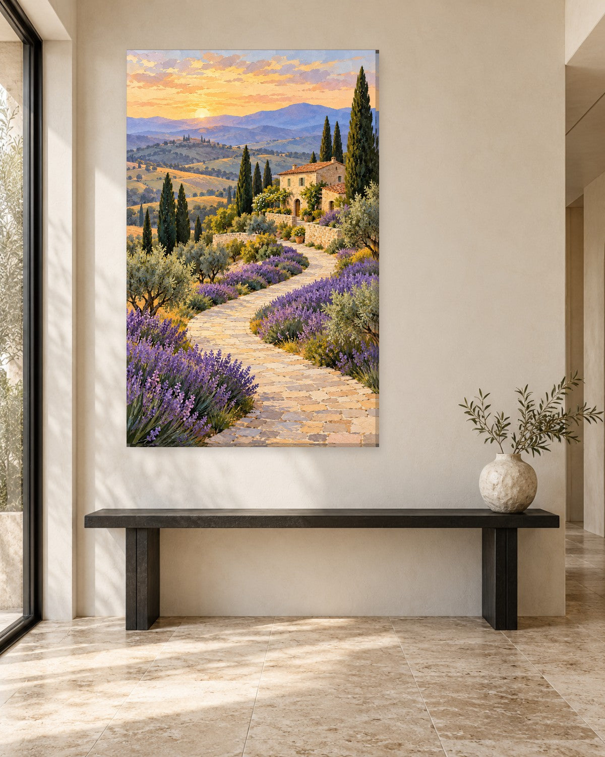Lavender Field Wall Art - Winding Stone Path through Lavender to a Farmhouse at Sunset, Tall Provence Canvas - Gallery Canvas - 38mm / 48 x 32 / Unframed preview