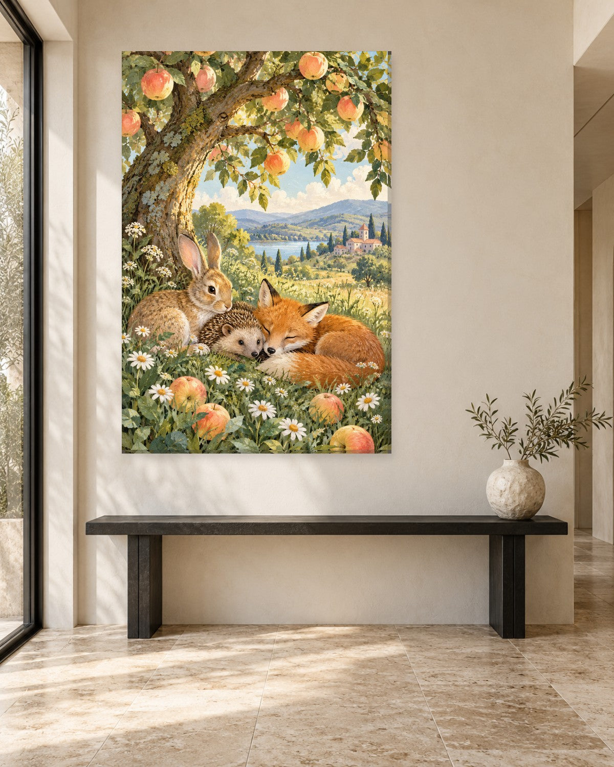 Woodland Animals Wall Art - Rabbit, Hedgehog and Fox Asleep under an Apple Tree, Tall Nursery Canvas - Gallery Canvas - 38mm / 48 x 32 / Unframed preview