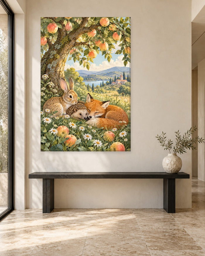 Woodland Animals Wall Art - Rabbit, Hedgehog and Fox Asleep under an Apple Tree, Tall Nursery Canvas - Gallery Canvas - 38mm / 48 x 32 / Unframed preview