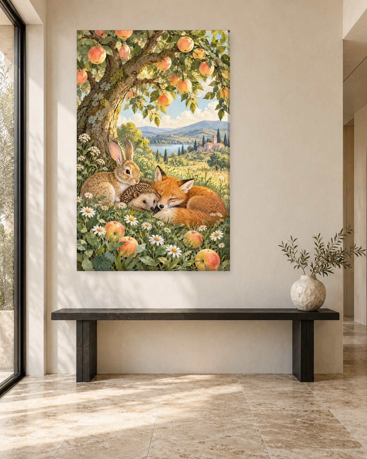 Woodland Animals Wall Art - Rabbit, Hedgehog and Fox Asleep under an Apple Tree, Tall Nursery Canvas - Gallery Canvas - 38mm / 48 x 32 / Unframed preview