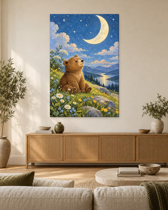 Bear Nursery Wall Art - Little Brown Bear Gazing at a Crescent Moon on a Starry Hill, Tall Night Sky Canvas - Gallery Canvas - 38mm / 48 x 32 / Unframed preview