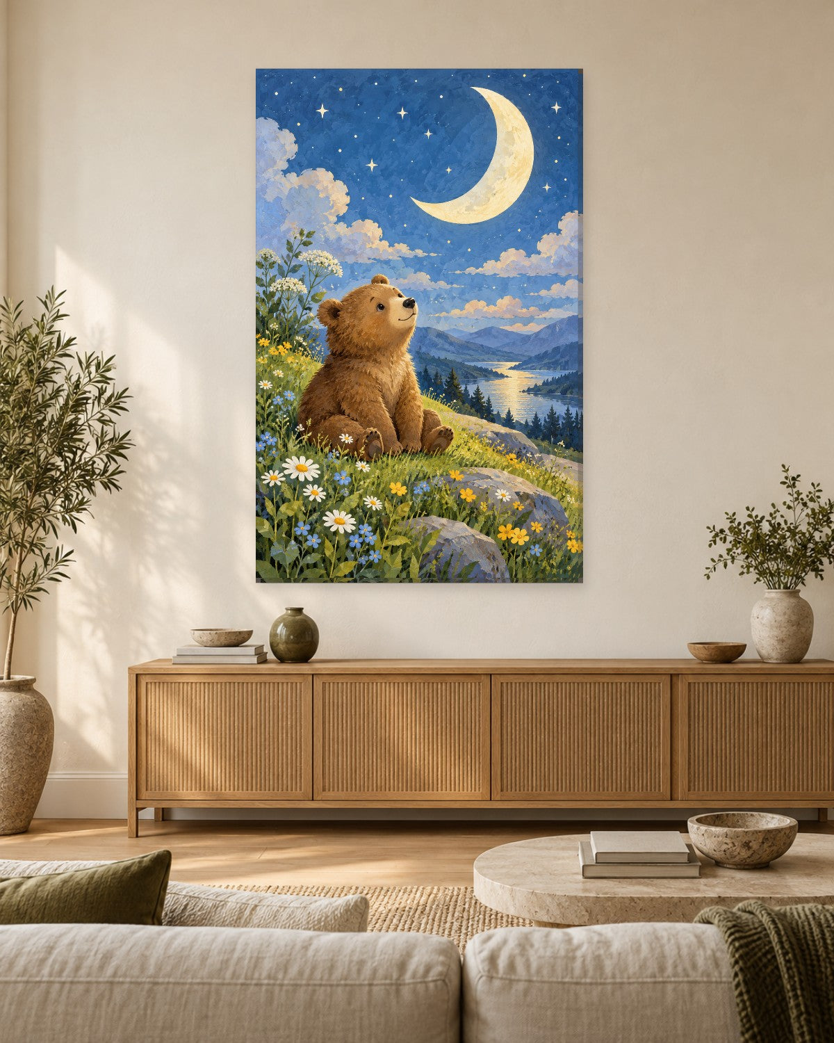 Bear Nursery Wall Art - Little Brown Bear Gazing at a Crescent Moon on a Starry Hill, Tall Night Sky Canvas - Gallery Canvas - 38mm / 48 x 32 / Unframed preview